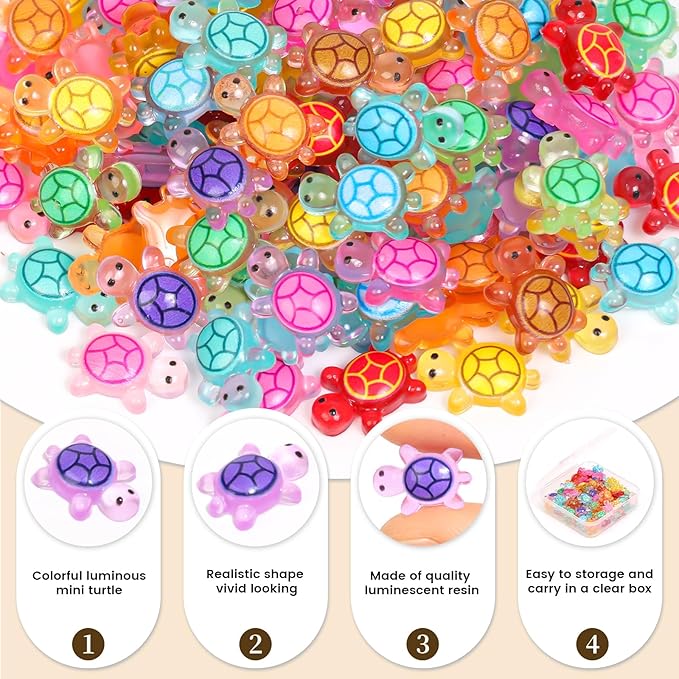 200pcs Mini Resin Turtles Luminous Tiny Turtle for Crafts Dollhouse Miniatures Mini Resin Things Animals for Fairy Garden Micro Landscaping Decoration Home Decor, 10 Colors(0.4 * 0.5inch)