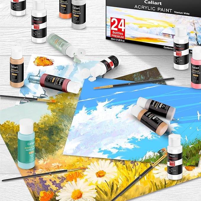 Caliart Black Acrylic Paint with 12 Brushes, Pack of 24, Art Craft Paints (2 oz/Bottle), Canvas Ceramic Wood Eggs Rock Painting Kit, Art Supplies for Adults Artists Painters