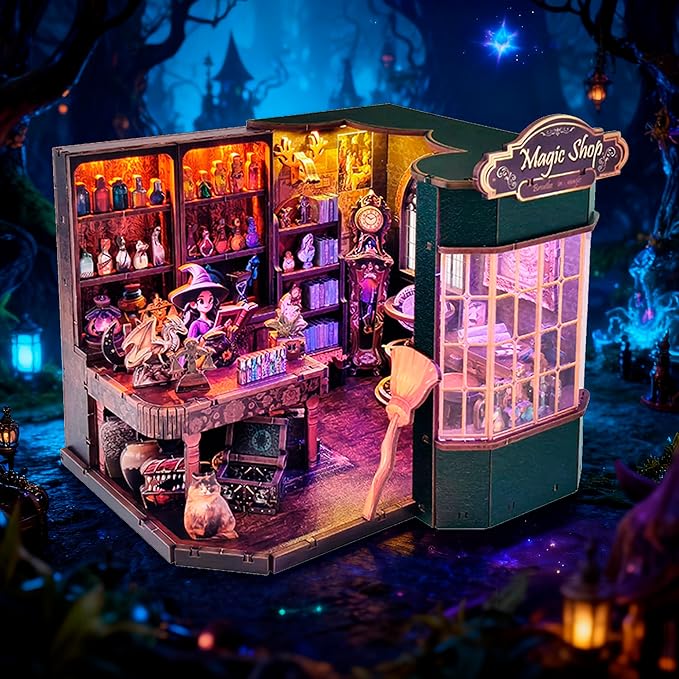 Book Nook Kit - DIY Miniature House Dollhouse Kit for Adult and Teens, Tiny House Bookshelf Decor 3D Wooden Puzzle with LED Lighting, Gifts for Family, Friends (Magic Shop)