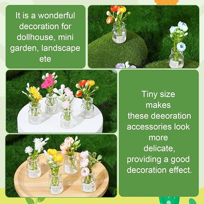10 Pcs Miniature Flower Dollhouse Plants, 1:12 Scale Glow in The Dark Glass Vase Flowers, Tiny Plant House Decor for Dollhouses Accessories, Fairy Gardens