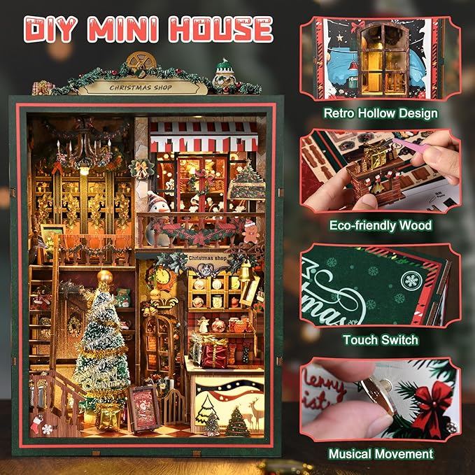 Book Nook Kit - DIY Miniature Dolls House Kit with Furniture and LED Light, 3D Puzzle Wooden Art Bookends, Model Kits for for Adults and Teens (Christmas Shop)