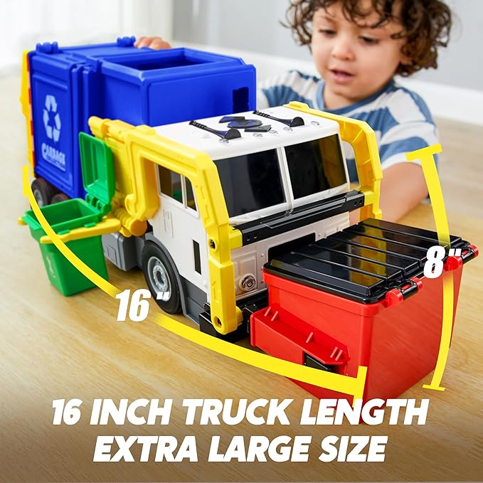 JOYIN Large Friction Powered Garbage Truck Toy Set, Includes 1 Dumpster, 3 Trash Bins, and 30 Learning Cards for Kids, Blue