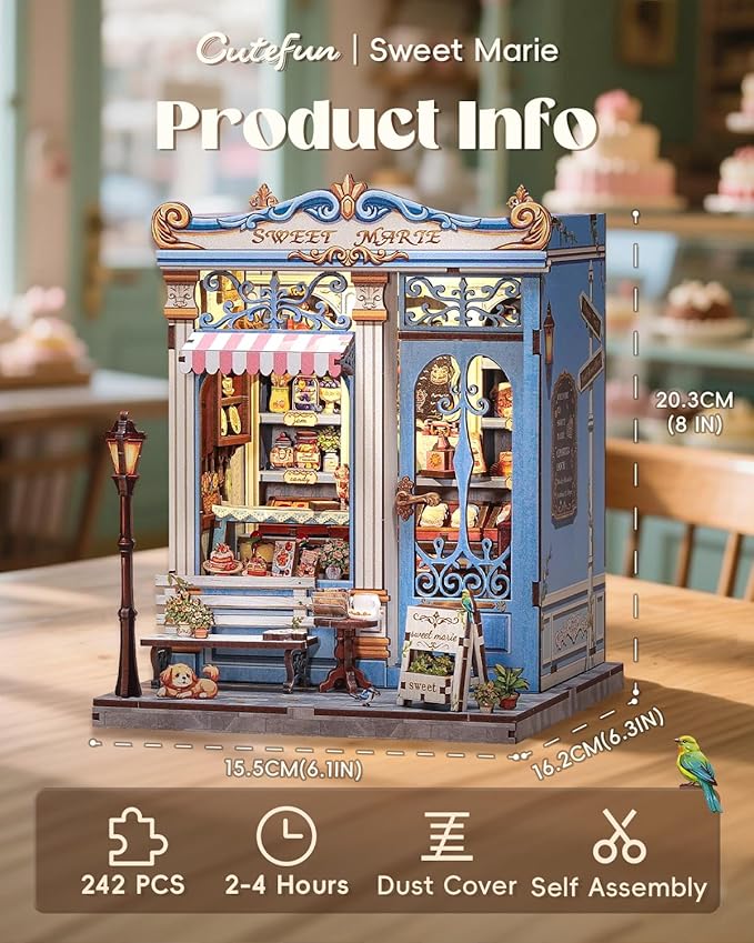 Cutefun Book Nook Kit - DIY Miniature House Kit for Adults and Teens, 3D Wooden Puzzle Mini House Building Kit with LED, Dollhouse Kit Bookshelf Insert Decor Creative Gifts (Sweet Marie)