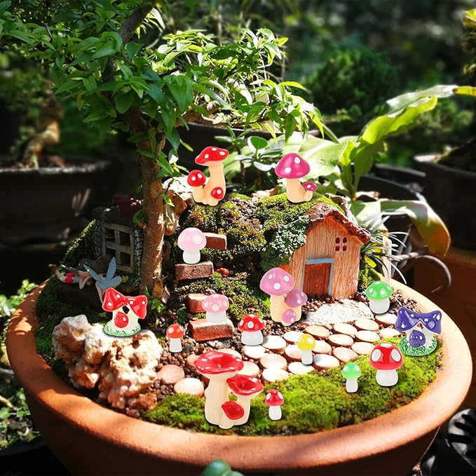 65 Pieces Mini Mushrooms Figurines Colorful Tiny Resin Mushroom Decor for Fairy Graden Craft Fake Mushrooms Moss Landscape DIY Terrarium Cake Topper Party Decoration Home Decor