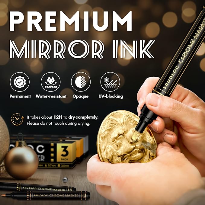 3Pcs Liquid Gold Paint Markers, Oil-based Permanent Chrome Maker, Gloss Mirror Marker Repairing, Reflective Metallic Pen Markers for Touch Up Model Painting DIY Art Projects, Gold