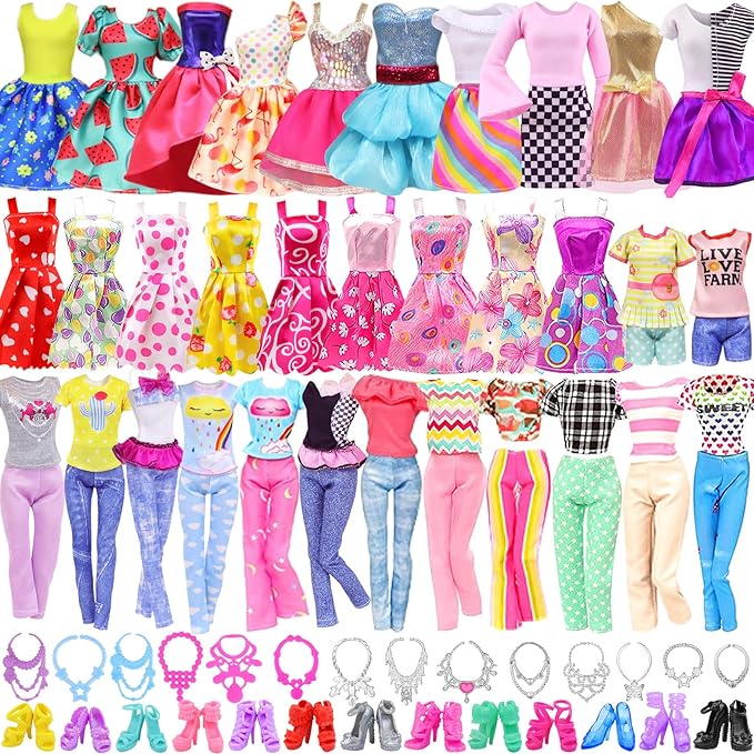 Ecore Fun 39 Pcs Doll Clothes and Accessories 3 Fashion Dresses 10 Slip Dresses 3 Tops 3 Pants 10 Necklaces 10 Shoes Fashion Casual Outfits Perfect for 11.5 inch Dolls
