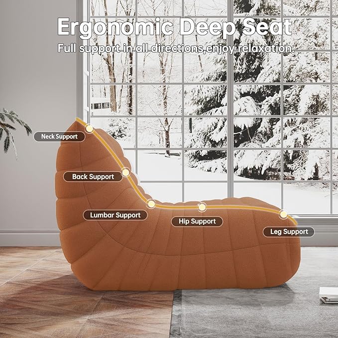 Memory Foam Bean Bag Chair for Adults, Teddy Material Beanbag Sofa with Filler, Cozy Floor Lounge Seat for Living Room, Bedroom, Dorm, Office (Orange)