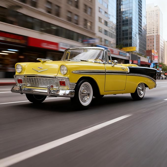 1956 Chevrolet Bel Air Alloy Model Car - 1:18 Scale Classic Lowrider Style Replica with Hydraulic Suspension Display & Custom Wheels - Collector's Edition for Display & Gifting（Yellow）