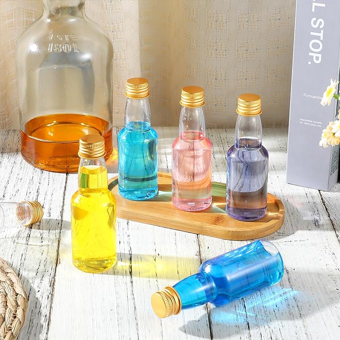 80 Pcs Mini Liquor Bottles, Plastic Spirit Bottle, 2 oz Mini Empty Plastic Alcohol Shot with 5 Funnels, and Miniature Airtight Bottles for Party Favors, Weddings (Gold)
