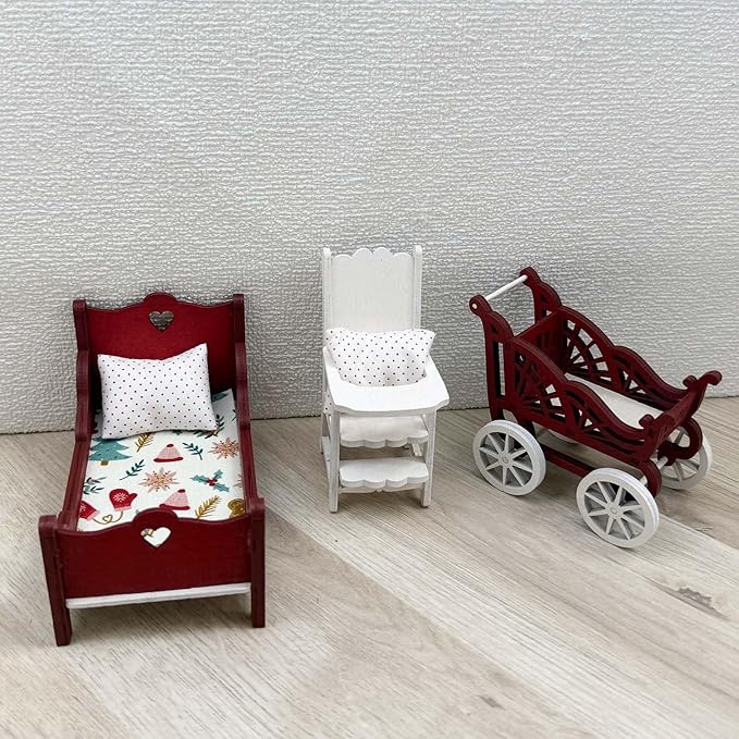 Miniature Dollhouse Furniture Set, Red and White Wooden Nursery Room Accessories with Bed, Chair, Carriage, 1/12 Scale, 5 Piece Holiday Decor (5)