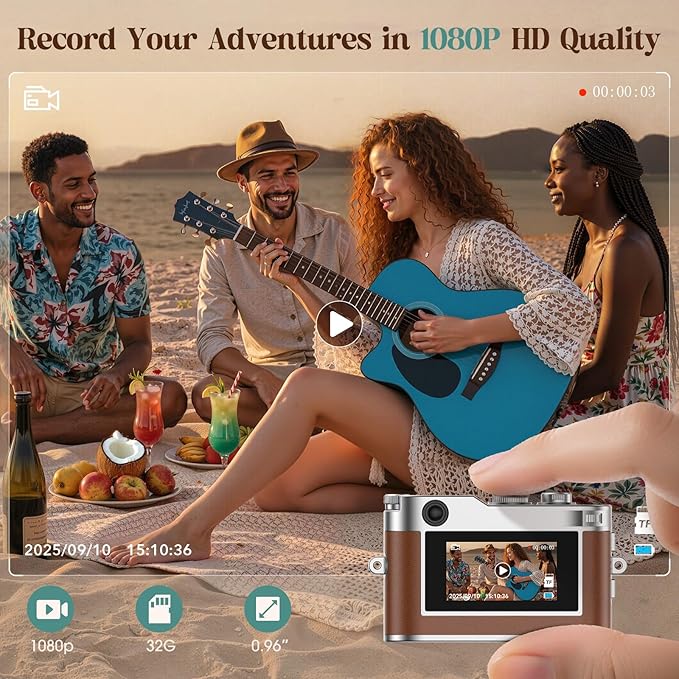 HOTU Mini Digital Camera, Keychain Camera 1080P HD with 2MP Lens, Flash, Video Recording, 32G Card Included, Portable and Compact Retro Vlog Camera for Travel, Kids, Brown