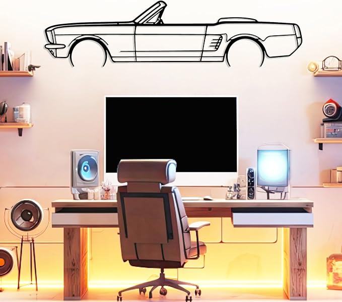 DecoSoul Mustang Metal Car Wall Art, Sports Car, Automotive Silhouette Line Decoration, Minimalist Sculpture for Garage, Indoor Outdoor Wall Hanging, Gift for Boyfriend (Black - 25 x 6.9” inch)