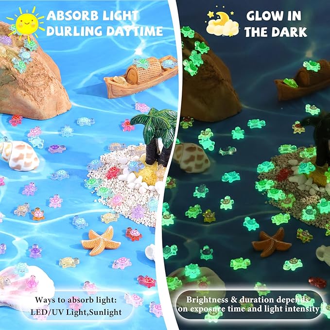 200PCS Mini Resin Animals Colorful Tiny Turtles Glow in Dark, Miniature Figures to Hide, Little Animal Small Figurines for Topper Desk Garden Dollhouse Landscape Aquarium Ornaments Crafts & Decor