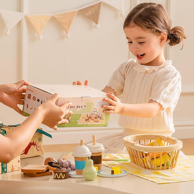 ROBOTIME Wooden Play Food Sets for Kids Kitchen, 14 PCS Toy Food Pretend Play Picnic Basket with Fruits, Desserts, Drinks & Utensils, Play Kitchen Food for Indoor & Outdoor Camping Fun, Ages 3+