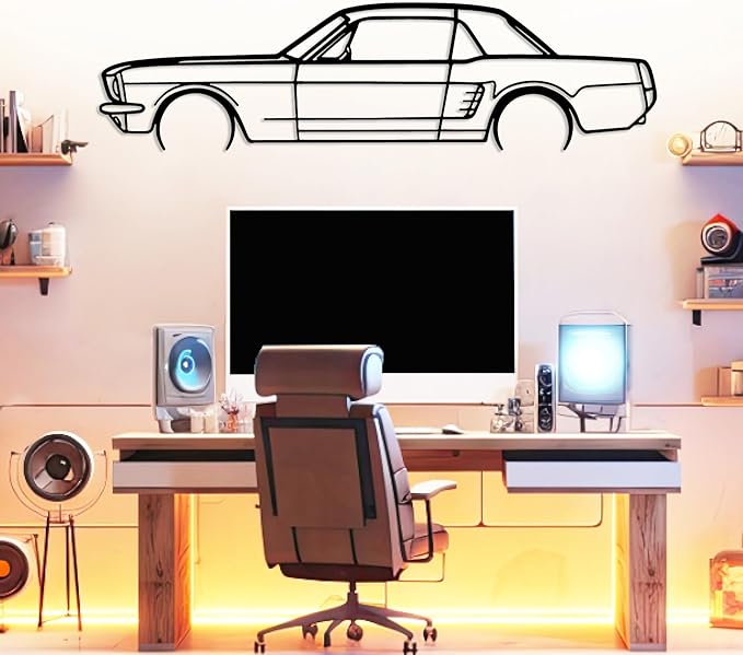 DecoSoul Mustang Metal Car Wall Art, Sports Car, Automotive Silhouette Line Decoration, Minimalist Sculpture for Garage, Indoor Outdoor Wall Hanging, Gift for Boyfriend (Black - 35 x 9.6” inch)