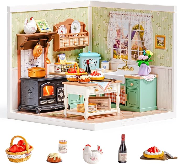 ROBOTIME Super Creator Kits, Plastic Mini House, Expandable Plastic Craft, DIY Miniature House Kit with LED for Adults, Building Set for Creative Play Unique Hobby Gift (Farmhouse Kitchen)