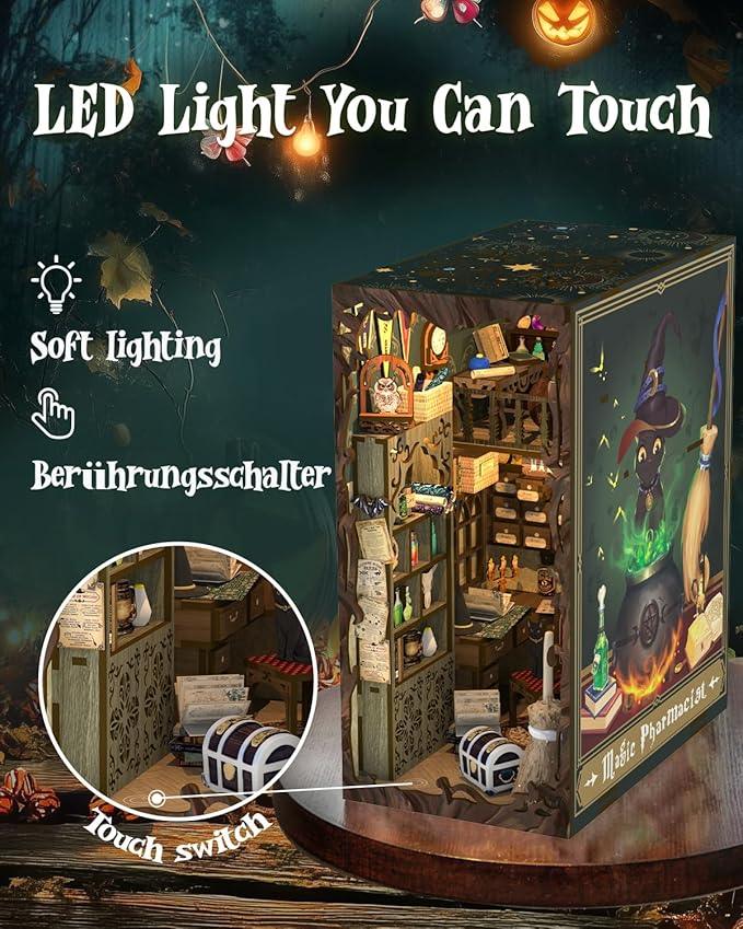 Cutefun Book Nook Kit, DIY Miniature Dollhouse Booknook for Adults, 3D Wooden Puzzle Bookend Bookshelf Insert Decor with LED Light, Gift for Craft Lovers (Magic Pharmacist)