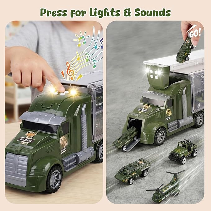LovesTown 25 in 1 Green Military Big Truck Toys, Army Men Carrier Truck with Tanks & Soldier Men, Battle Vehicles with Lights and Sounds, Birthday Gifts for Boys
