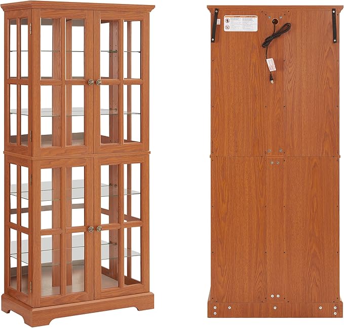 68" H Glass Curio Display Cabinet with Light, 6-Tier Wooden Glass Storage Showcase w/ 4 Doors & Adjustable Shelves, Vintage Accent Cabinet w/Mirrored Back Pane for Home & Office
