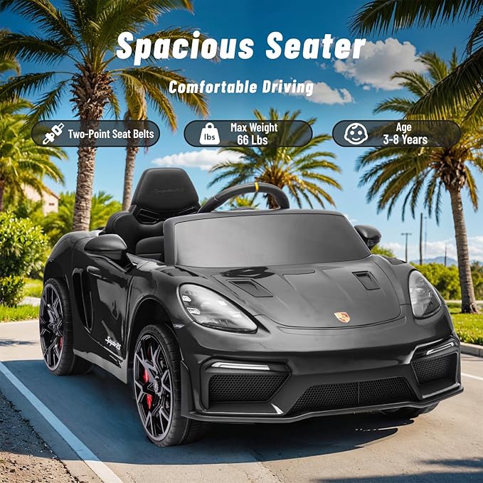 12V Ride on Car Licensed Porsche 718, Kids Electric Car with Remote Control, Front/Rear LED Light, Radio, USB/AUX, Openable Doors, Suspension Function, Durable Tires (Black)