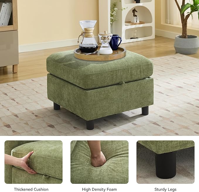 25" Square Storage Ottoman for Modular Sectional Sofa, Convertible Couch Footrest with Hidden Compartment, Chenille Upholstered Coffee Table & Extra Living Room Seating, Green