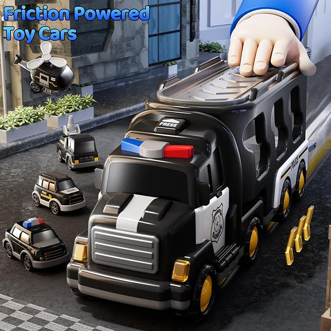 5 in 1 Police Car Carrier Truck Toy for Kids Ages 4-8, Police Truck with Light and Sound, Transporting Vehicle Boy Trucks Toy Sets, Kids Toys 3-5, Birthday Gifts for Boys Girls Aged 4-6 5-7