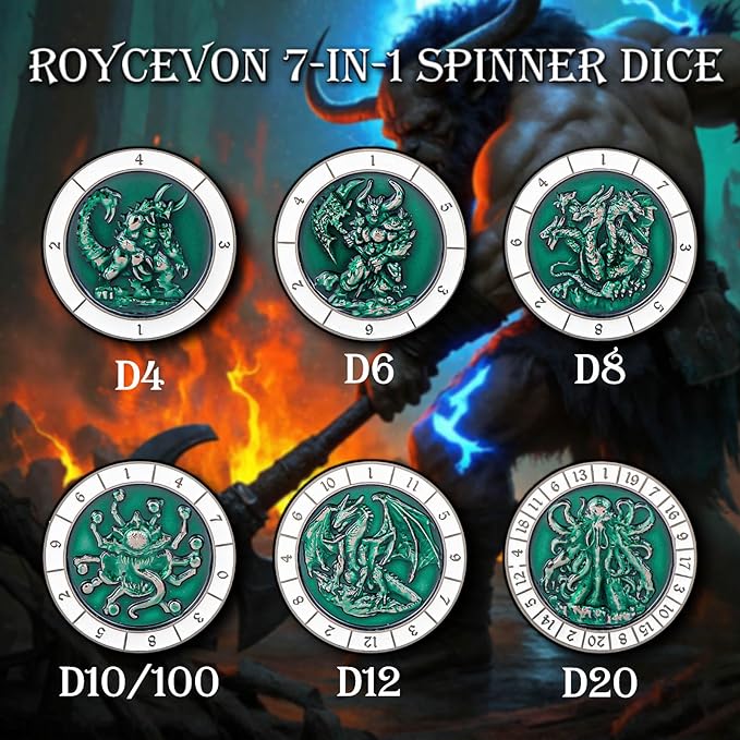 7 in 1 Unique Spinner DND Dice Set D&D, Metal Cube D and D Dice with Gift Box, Dungeons Dragons Role Playing Dice, Black Green