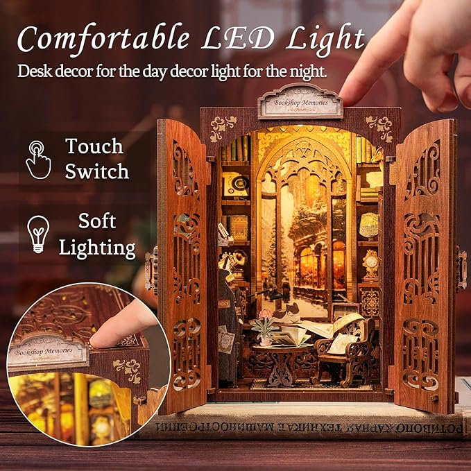 CUTEBEE Book Nook Kit - DIY Miniature House Dollhouse Kit for Adult and Teens, Booknook Bookshelf Decor Alley Model Build with LED Light, Gifts for Family and Friends (Bookshop Memories)
