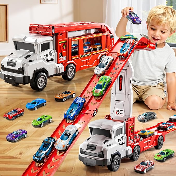 Toddler Car Truck Toys for 3 4 5 6 7 8 Years Old Boys, Transporter Truck Toy Track Set with 12 Die-Cast Car Toys, Toy Gifts for 3 4 5 6 Year Old Boys Kids