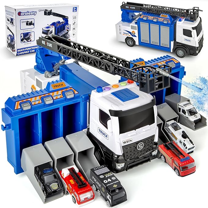 3-in-1 Large Fire Truck Toy with Garage & 6 Cars, Water Pump, Extendable Ladder, Lights & Siren Sounds, Fire Rescue Truck Vehicle Toy for Boys Girls 3+, Christmas Birthday Gift