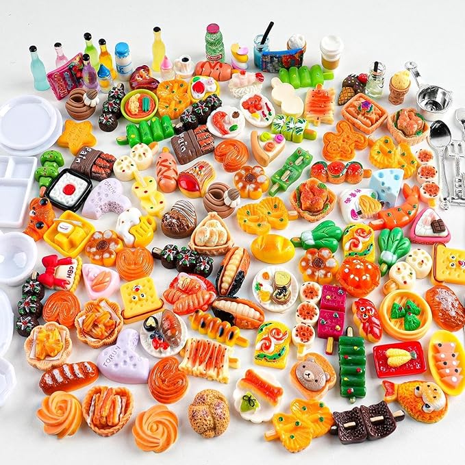 150Pcs Miniature Food Drinks Bottle Toys Mixed for Dollhouse Kitchen Accessories Mini Play Fake Resin Pretend Game Party Tableware 1/12 Doll House Bread Cake Models Micro