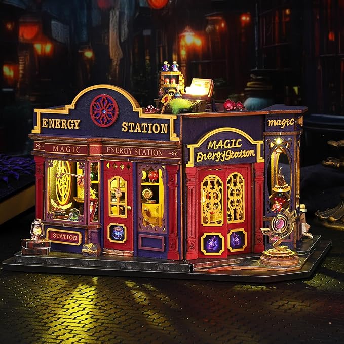 DIY Miniature House Kit: 3D Wooden Puzzle Miniature Kit with LED Light, Magic Station Tiny Model Mini House Building Kit for Adults Teens, Creative Gift Book Nook DIY Adults Craft Kits