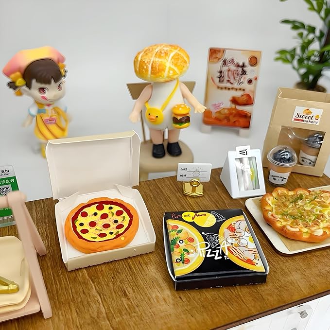 Miniature Pizza & Box Set – 1:12 Scale Dollhouse Food Models, Tiny Pizza Accessories for Doll House Kitchen Furniture, Office Desk, DIY Craft Supplies & Photography Props (Black)