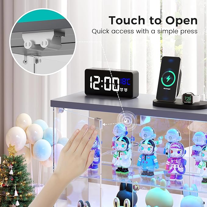 2pcs LED Clear Glass Display Case - for Figures & Collectibles, Small 2-Tier Display Cabinet with Charging Station, Display Box with Lights & Human Sensor, for Model Car, Perfume, Grey
