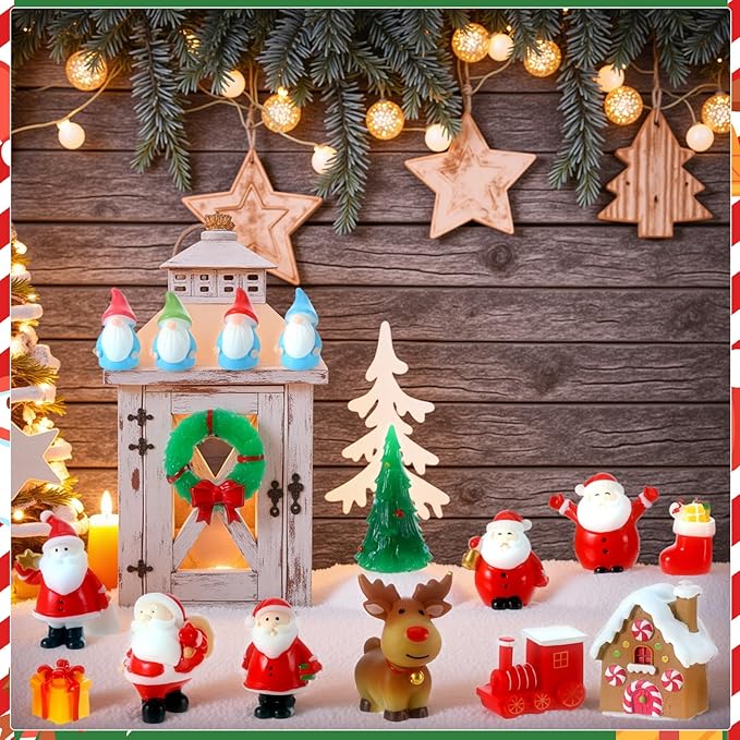 39PCS Christmas Miniature Figurines, Mini Resin Figurines to Hide Small Resin Santa Claus Snowman Xmas Trees Animals for Xmas Goodie Bag Mini Presents for Crafts