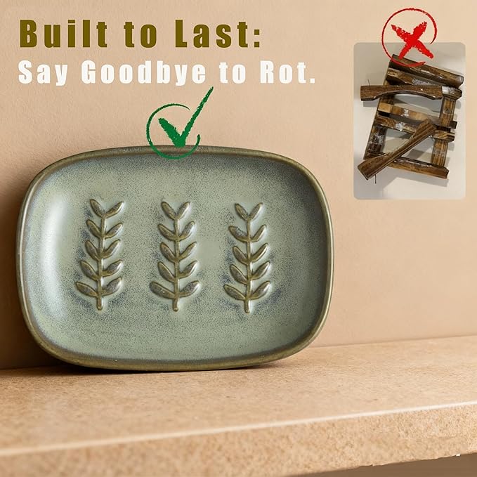 Ceramic Soap Dish Bar Soap Holder for Shower, Soap Dishes for Bar Soap Sponge, Shower Soap Saver Tray for Bathtub Bathroom Kitchen Sink, Farmhouse Housewarming Gift, Pro-Environment, Dark Green