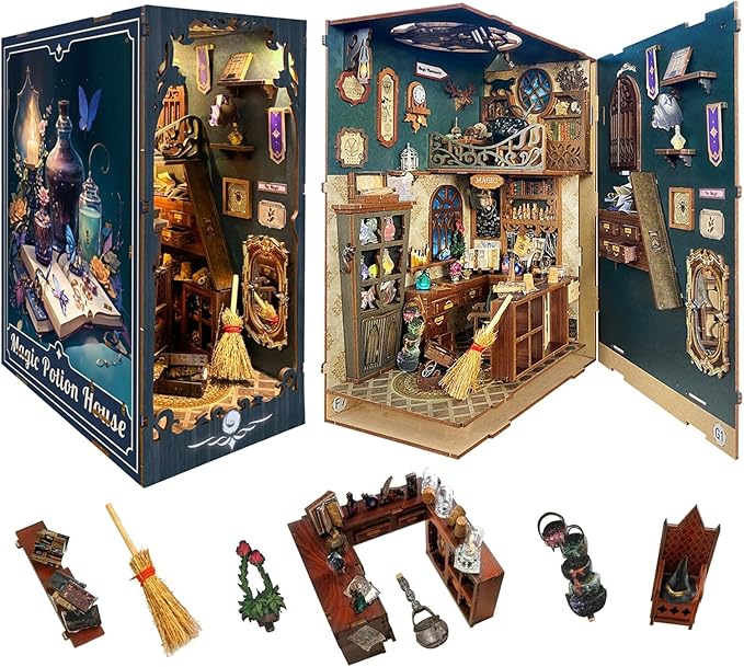 DIY Magic Book Nook Kit Miniature House Kit Tiny House Bookshelf Decor 3D Wood Puzzle Dollhouse for Adults - Magic Potion House (SQ-04)