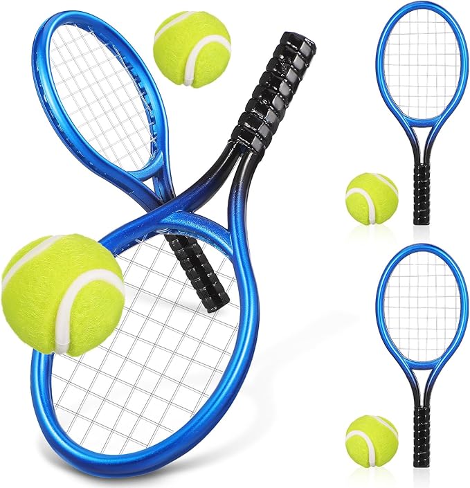 Kisangel 4 Sets Mini Tennis Rackets, Baby Tennis Racket and Balls Miniature Cake Topper Decorations Keychain Kit Dollhouse Toy for Sports Equipment