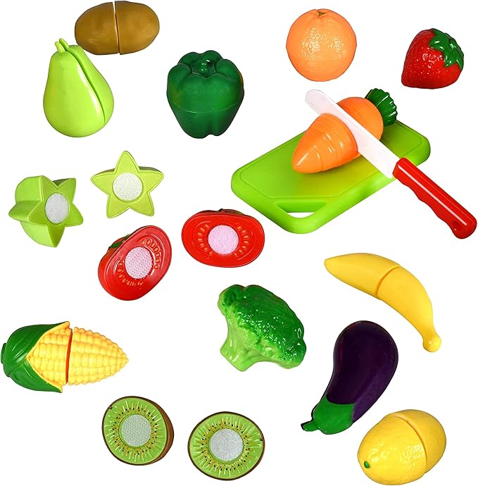Playkidz: Fruit and Vegetables Basket Pretend Play Kitchen Food Educational Playset with Toy Knife, Cutting Board (32 Pieces of Food Toys)