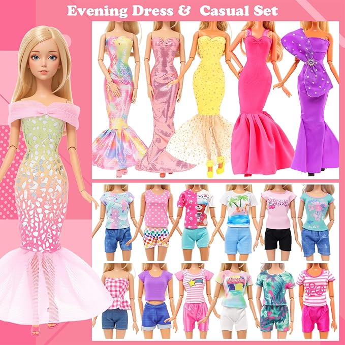 BARWA 70 Pack Doll Clothes and Accessories 5 Wedding Gown Dresses 9 Fashion Dresses Slip Dress 3 Tops 3 Pants 2 Swimsuits Bikini 16 Shoes 15 Hangers and 63 Accessories for 11.5 inch Doll