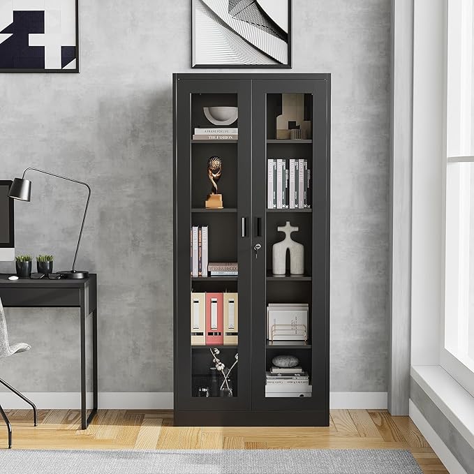 Display Cabinet with Glass Doors, Display Case Cabinet for Collectibles, Curio Display Cabinet with 4 Adjustable Shelves, 71"" Glass Display Cabinet for Home Office (Black), MSC-0818