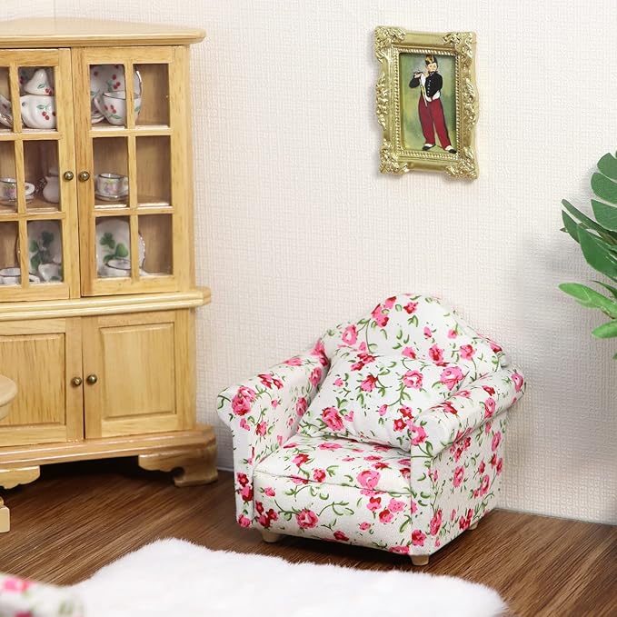 Dollhouse Couch with Pillow 1 12 Scale Miniature Sofa Arm Chair Living Room Furniture Wooden Fabric Frame Single Reading Chair Artificial House Room Scene Decoration (Rose Floral)