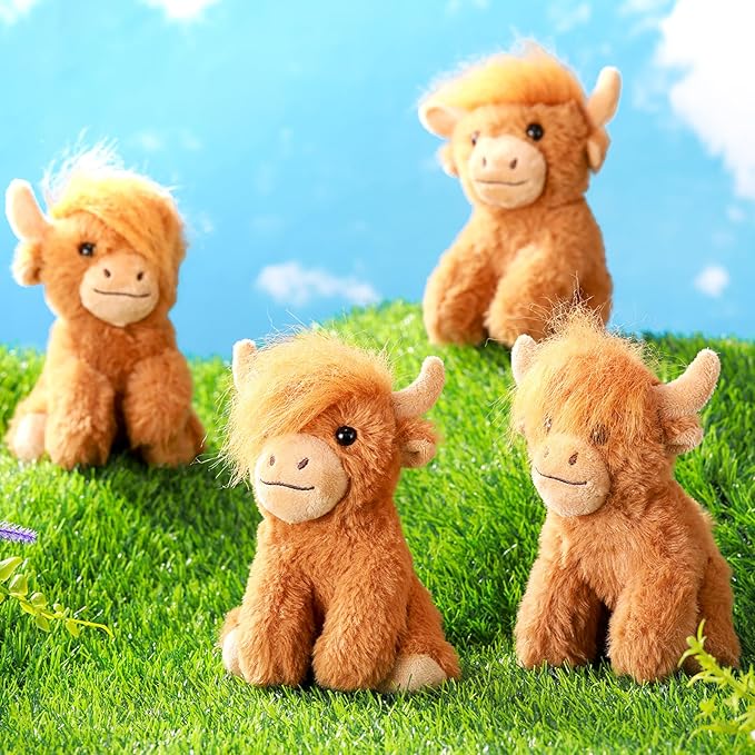 6 Pcs Highland Cows Stuffed Animal 6 Inch Realistic Scottish Stuffed Highland Cow Cattle Plush Toys Fluffy Animal Decor for Stress Relief Boys Girls Birthday Favors Gifts Forest Party Decor