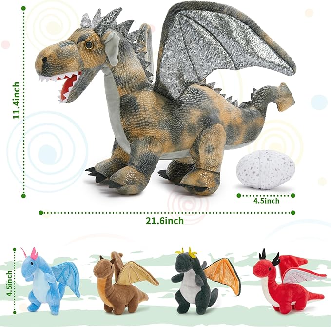 7Pcs Gray Dragon Plush Toy Set, Mother Flying Dinosaur Stuffed Animal with 4 Baby Dragon & 2 Eggs Inside, Dinosaur Stuffed Toy for Kids, Christmas Birthday Children's Day Gift for Boys Girls