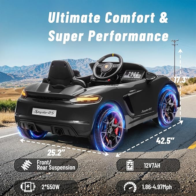 12V Ride on Car Licensed Porsche 718, Kids Electric Car with Remote Control, Front/Rear LED Light, Radio, USB/AUX, Openable Doors, Suspension Function, Durable Tires (Black)