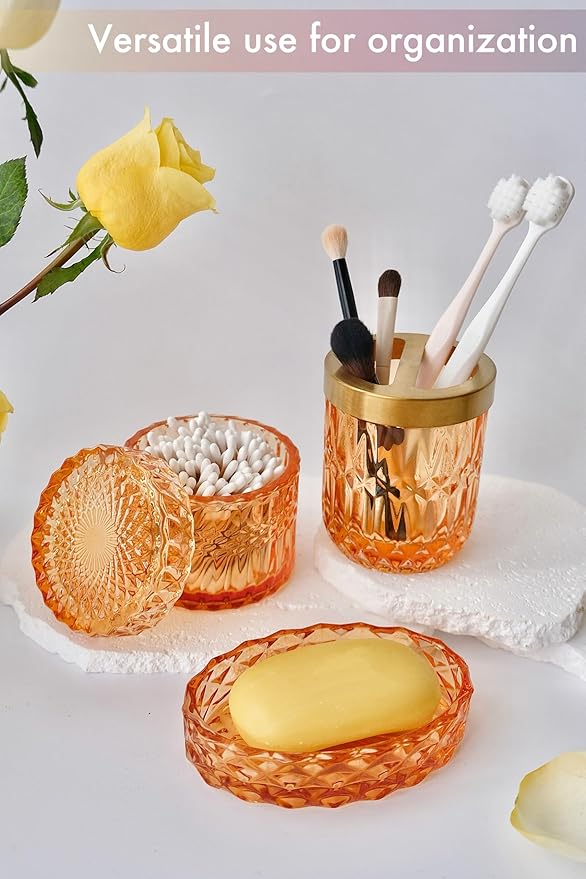LaMarriti Orange Bathroom Accessories Set, 5Pcs Clear Glass Bathroom Set, Lotion Soap Dispenser, Soap Dish, Tumbler, Toothbrush Holder Set, Qtips Holder for Vintage Bathroom Decor, Gift Set