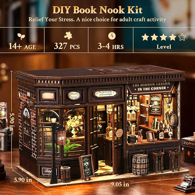 Book Nook Kits for Adults Teens 14+, DIY Miniature House Kits, Booknook Tiny House Bookshelf Decor 3D Wooden Puzzle, Gifts for Family, Friends, Bookshelf Insert Decor with LED Light