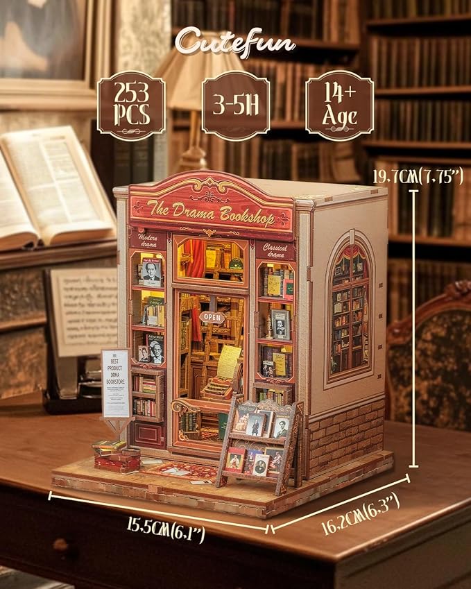 Cutefun Book Nook Kit - DIY Miniature Dollhouse Booknook Kit for Adults and Teens, Tiny House Bookshelf Insert Decor with LED Light, Gifts for Family and Friends (The Drama Bookshop)
