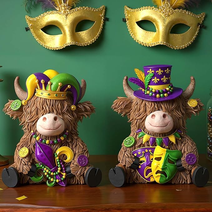 Burbell 2 Pack Mardi Gras Highland Cow Resin Figurine Mardi Gras Bathroom Highland Cow Gnomes with Mask Starfish Resin Statue for Garden Table Shelf Home Decor Calf Gnome Herd Gifts