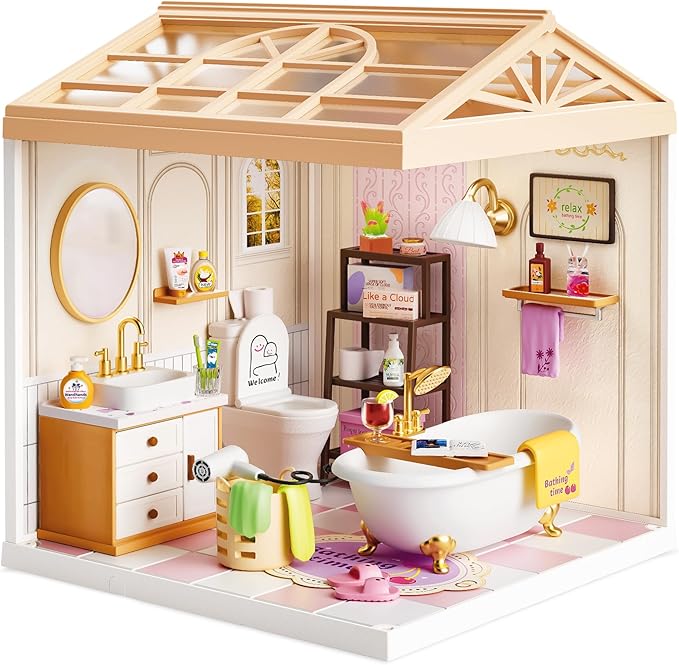 DIY Miniature House Kit with Roof & Dust Covers, Creative Construction Toys with Light & Furniture for Mini Figures, Christmas Decoration Gift for Teens Adults (Bathroom)